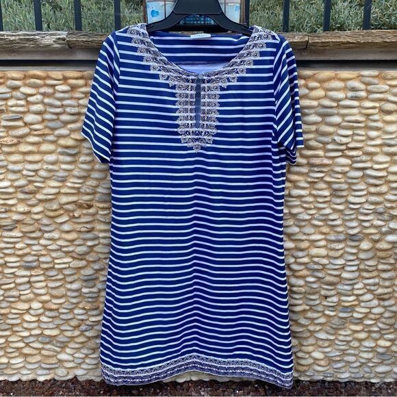 Cabana Life Blue & White Striped Dress/Cover Up w/Gold Embroidery UPF Large - Picture 2 of 5